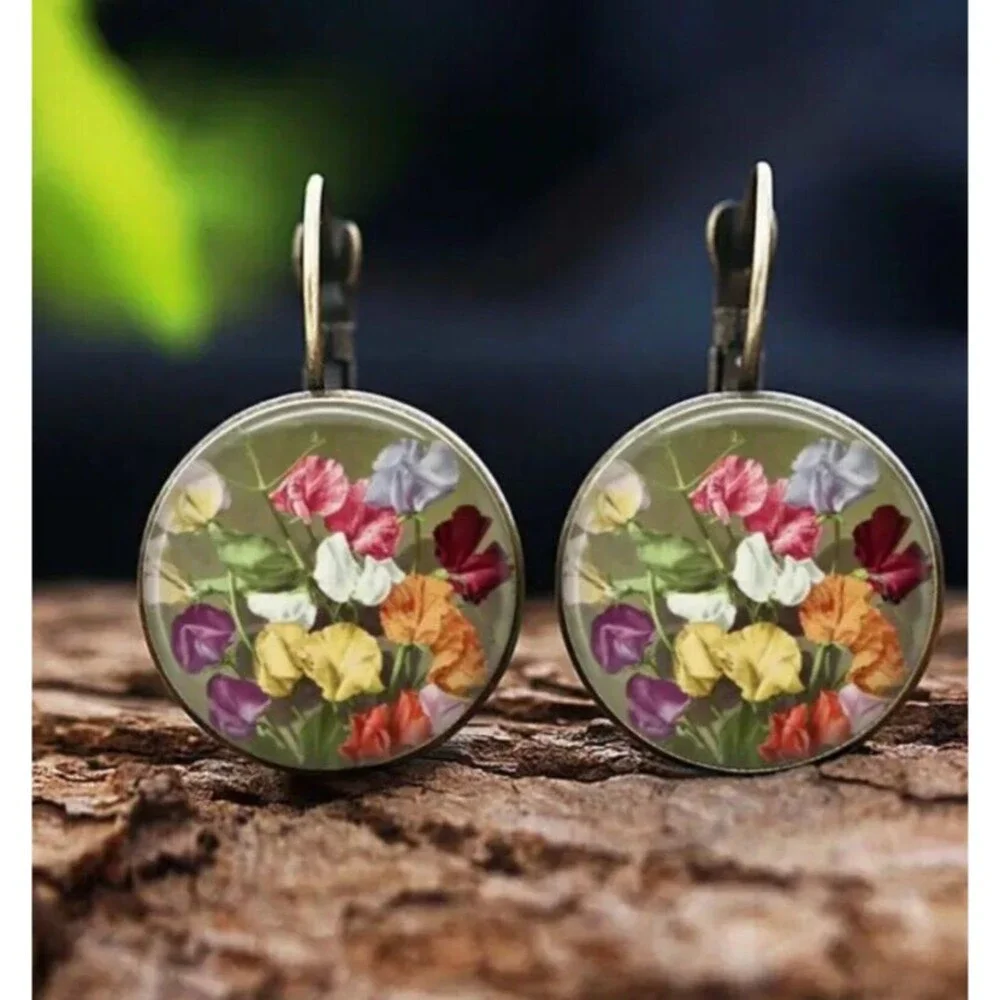 Antique Gold Round Floral Flowers Sage Green Back Earrings